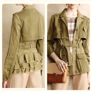 Anthropologie Hei Hei Military Green Ruffle Back Belted Jacket Womens Medium
